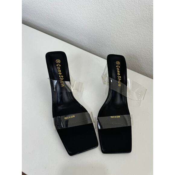 NWOT ComeShun Low Block Heels Mules Two Transparent Band Square Toe Pumps 8 - Picture 3 of 9